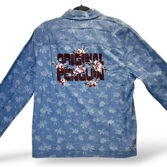 Original Penguin Floral Embroidered Shirt Mens Medium Button Front Blue - Picture 7 of 8